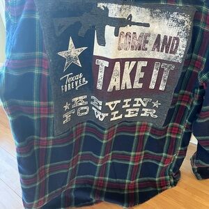 Upcycled flannel with Texas Country concert tee patch